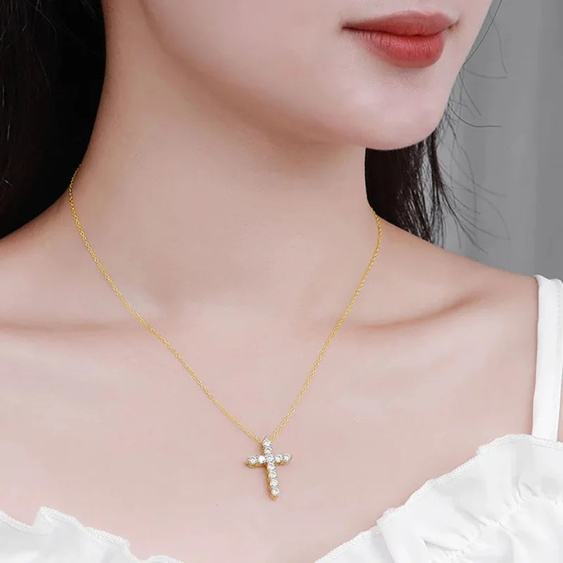 Certified 3.5MM Moissanite Necklace 14K Gold Filled Cross Pendant Necklace for Women Europe and America Vintage Jewelry
