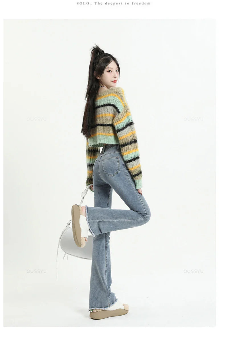 Spring Summer Flared Jeans Women Cotton Vintage Blue Denim Pants Streetwear Elastic High Waist Slim Harajuku Trouser Plus Length