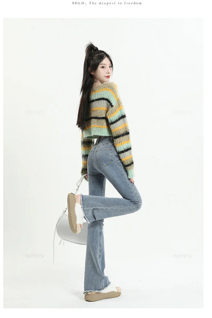 Spring Summer Flared Jeans Women Cotton Vintage Blue Denim Pants Streetwear Elastic High Waist Slim Harajuku Trouser Plus Length