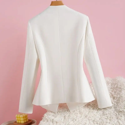2026 New Short Little Blazer Coat Female Spring Autumn Fashion Collarless Suit Jacket Woman White Outerwear Slim V-neck  Outcoat