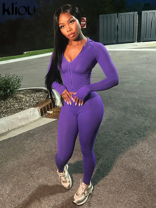 Casual Women 2 Piece Set Classic Tracksuits Solid Long Sleeve Zip-up Hood Tops+Slim Elastic Pants Sporty Concise Outfits