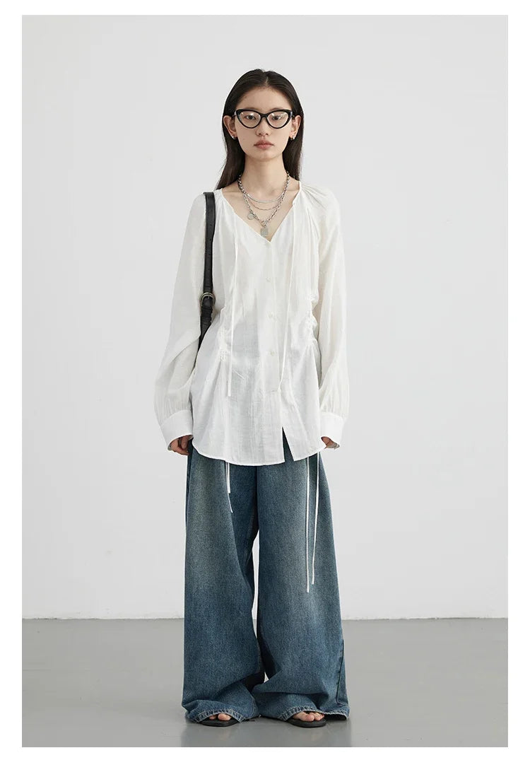 Women Loose Lace Up Shirt Solid New Korean V-neck Pleated Raglan Long Sleeved Blouses Female Tops Spring Summer 2026