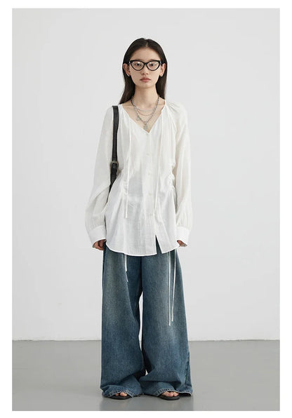 Women Loose Lace Up Shirt Solid New Korean V-neck Pleated Raglan Long Sleeved Blouses Female Tops Spring Summer 2026