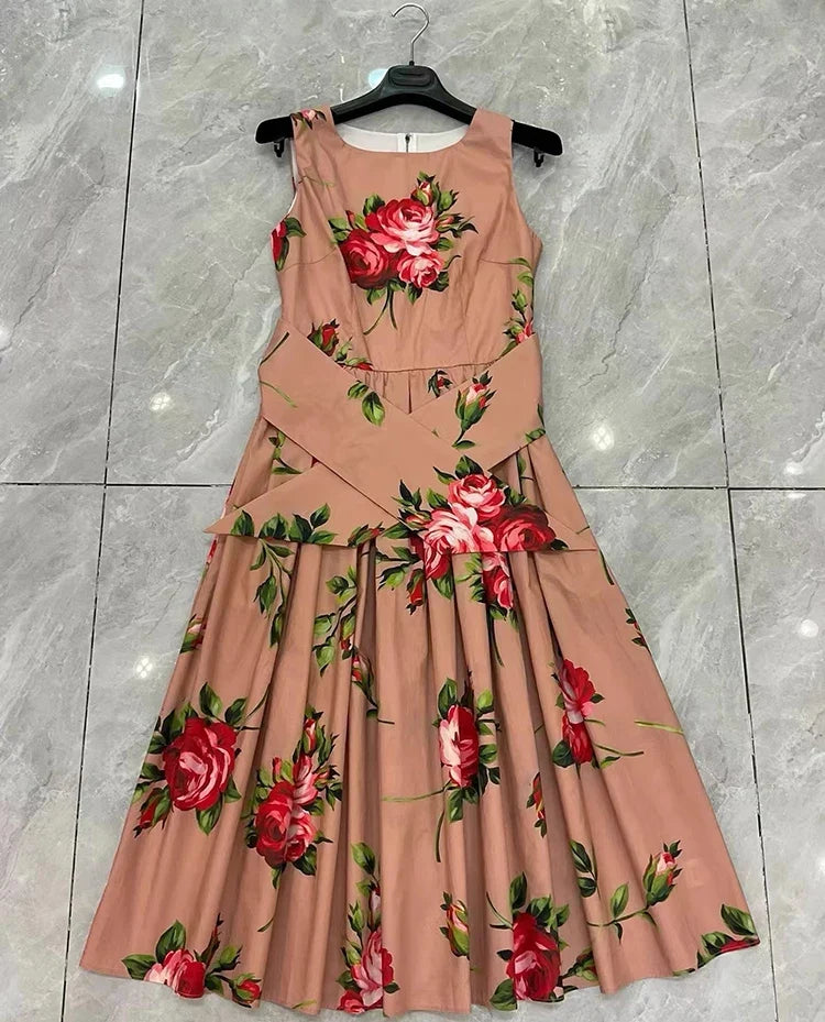 2026 Spring Women's New Fashion Round Neck Sleeveless Cotton Printed Tie a belt Waist cinching Dress