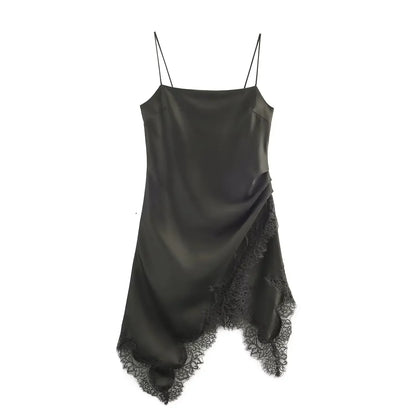 Lace Underwear Sling Dress Women Fashion Autumn Asymmetric satin texture Mini Dresses French Chic Female Evening Clothing