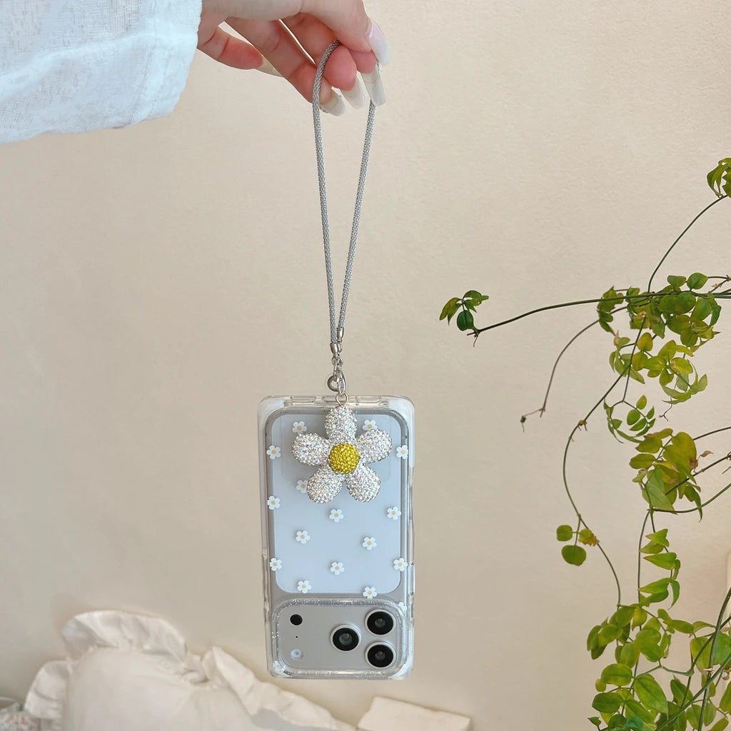 Vibrant All-over Little Flower Clear With Rhinestone Pendant Lanyard Rectangle Phone Cover Case for iPhone 17 16 15 Pro Max