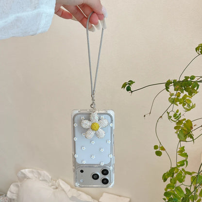 Vibrant All-over Little Flower Clear With Rhinestone Pendant Lanyard Rectangle Phone Cover Case for iPhone 17 16 15 Pro Max