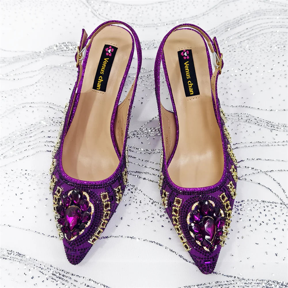 Popular Pointed Women Shoes Heels and Bags Rhinestone Chain Ladies Wedding Party Elegant and Luxurious Fashion