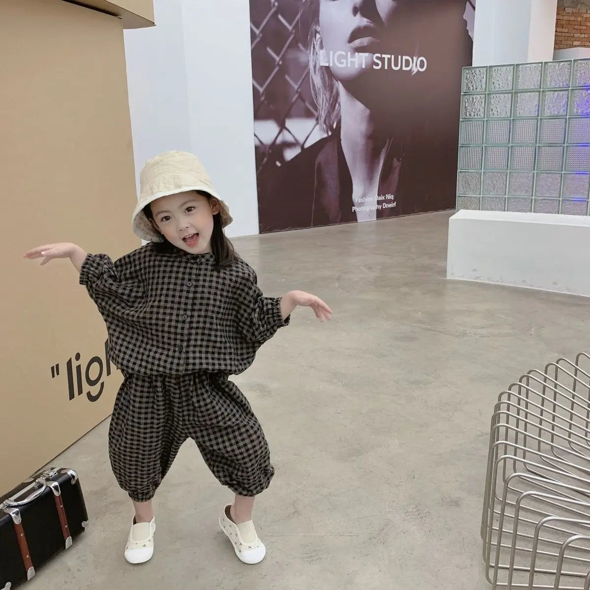 Kid Girls Korean Style Cotton Linen Suits Spring Autumn 2026 New Summer Baby Girl Fashion Casual Plaid 7-point Sleeve 2pcs Sets