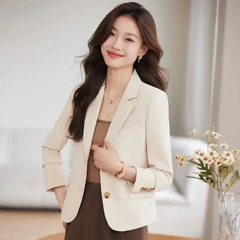 Caramel Short Suit Jacket Women's Casual High-Waisted 2025 New Spring Autumn Short Style Upper Body Fashion Polyester Fiber