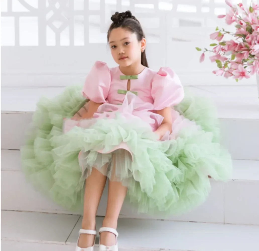 Elegant Flower Girl Dress Gold Kids Princess Birthday Wedding Party White Pink Children Holiday Pageant Ball Gown
