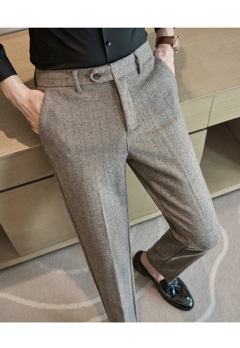 2025 Autumn Winter New Stripe Woolen Cloth Suit Pants Men Thick Warm Fashion Business Casual Male Straight Formal Trousers