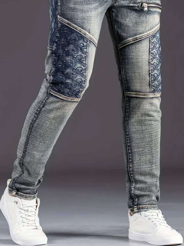 Streetwear Men's Motorcycle Jeans Stretch Nostalgic Fashion Casual Denim Trousers Slim Straight Patchwork Washed Cowboy Pants