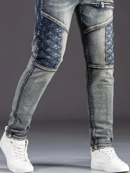 Streetwear Men's Motorcycle Jeans Stretch Nostalgic Fashion Casual Denim Trousers Slim Straight Patchwork Washed Cowboy Pants