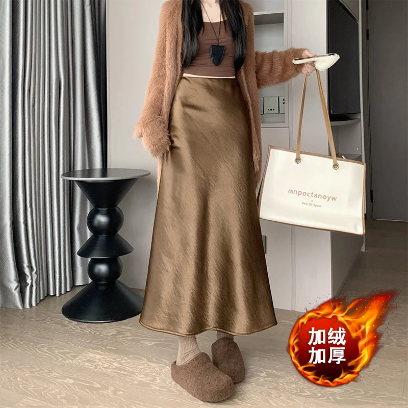New Autumn Winter Solid Satin Silk Mermaid Skirt Women Fashion High Waist Office Ladies Work Warmth Party Long Maxi Skirt