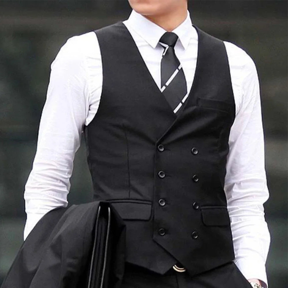 Men Vest Black Solid Double Breasted Waistcoat For Wedding Business Casual Banquet Formal Occasions Work Men Suit Vest