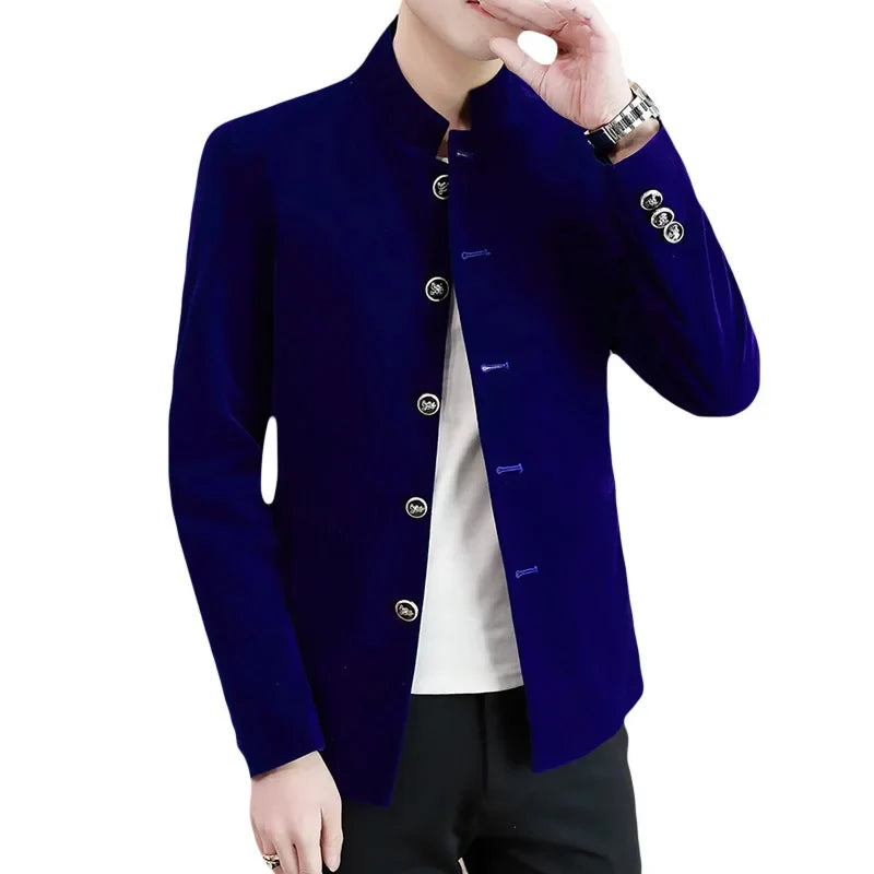 Men's Light Luxury Golden Velvet Coat Youth Fashion Trend Solid Color Stand Collar MAO Suit Handsome Boutique Item