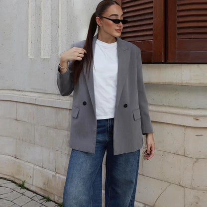 Blazers For Woman Office Look Gray Jacket Blazer Women Double-Breasted Loose Black Long Blazer High Quality Women's Blazer