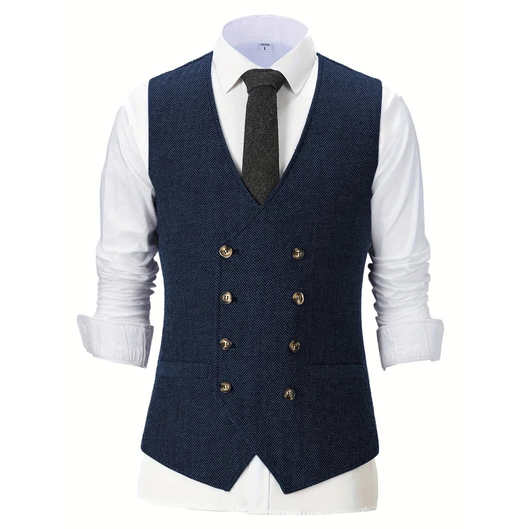 Men Vest Chanpagne Herringbone Double Button V Neck Waistcoat For Wedding Party Business Work Office Daily Casual Men Suit Vest
