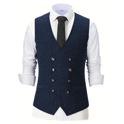 Men Vest Chanpagne Herringbone Double Button V Neck Waistcoat For Wedding Party Business Work Office Daily Casual Men Suit Vest