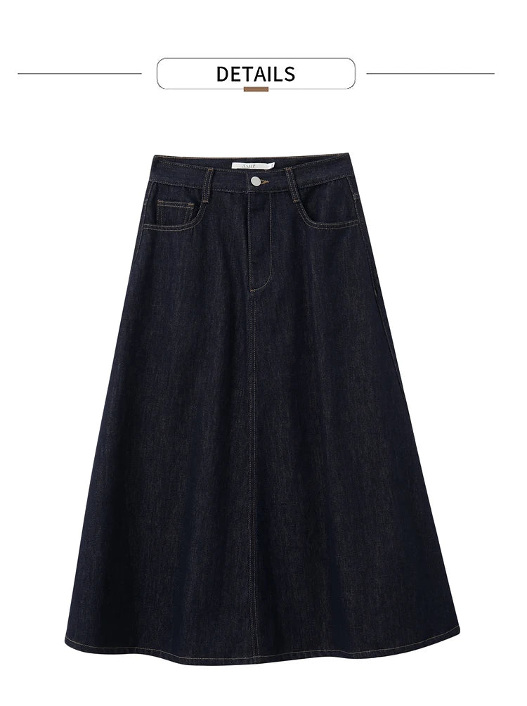 Minimalist Women Denim Skirt 2025 Autumn New French Retro Loose Basics Casual A-line Office Lady Cotton Midi Skirt 12343070