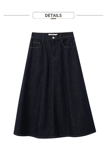 Minimalist Women Denim Skirt 2025 Autumn New French Retro Loose Basics Casual A-line Office Lady Cotton Midi Skirt 12343070