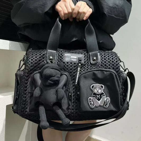 Ladies' fashionable mesh splicing casual handbag with multiple pockets, teddy bear doll, single shoulder diagonal cross bag