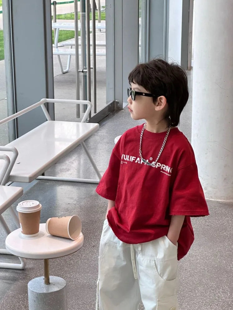Red Cotton T-Shirt for Tween Boys Girls Loose Fitting Trendy Unisex Summer Top with Embroidered Letters Youthful Casual Wear