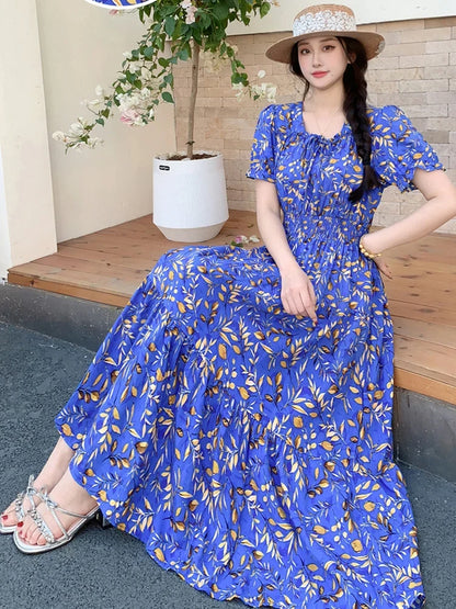 Summer New Cotton Silk Floral Print Maxi Dr ort Sve Beachwear High Waist Young Women's Large Skirt Swing Dr