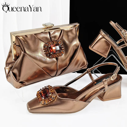2025 Nigerian Banquet Shoes and Bag Set Fashion Ladies Matching Shoes and Bag High Heels Wedding Party Coffee Color