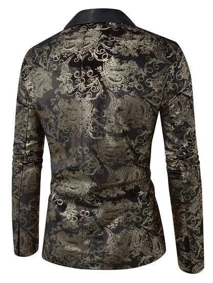 Men's Long-sleeved Suit Jacket, Purple Printed Black Collar Single-button Coat, Wedding/Party/Stage Performance Blazers