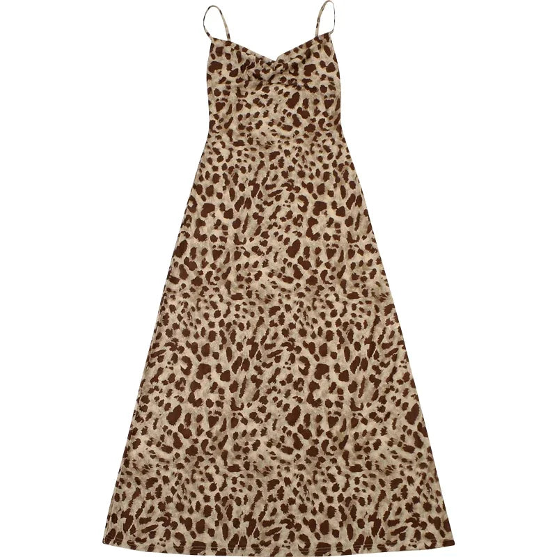 Leopard Print Dress Woman Summer Sexy Swing Collar Spaghetti Straps Backless Ruffles Party Clubwear Skinny Vestidos