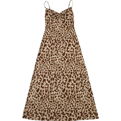 Leopard Print Dress Woman Summer Sexy Swing Collar Spaghetti Straps Backless Ruffles Party Clubwear Skinny Vestidos