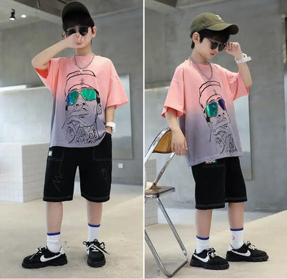 Summer Casual Boys 3D Graffiti Gradient Color T-Shirt Tops+Jean Shorts School Kid Tracksuit Child 2PCS Outfit Workout Set 5-16Yr