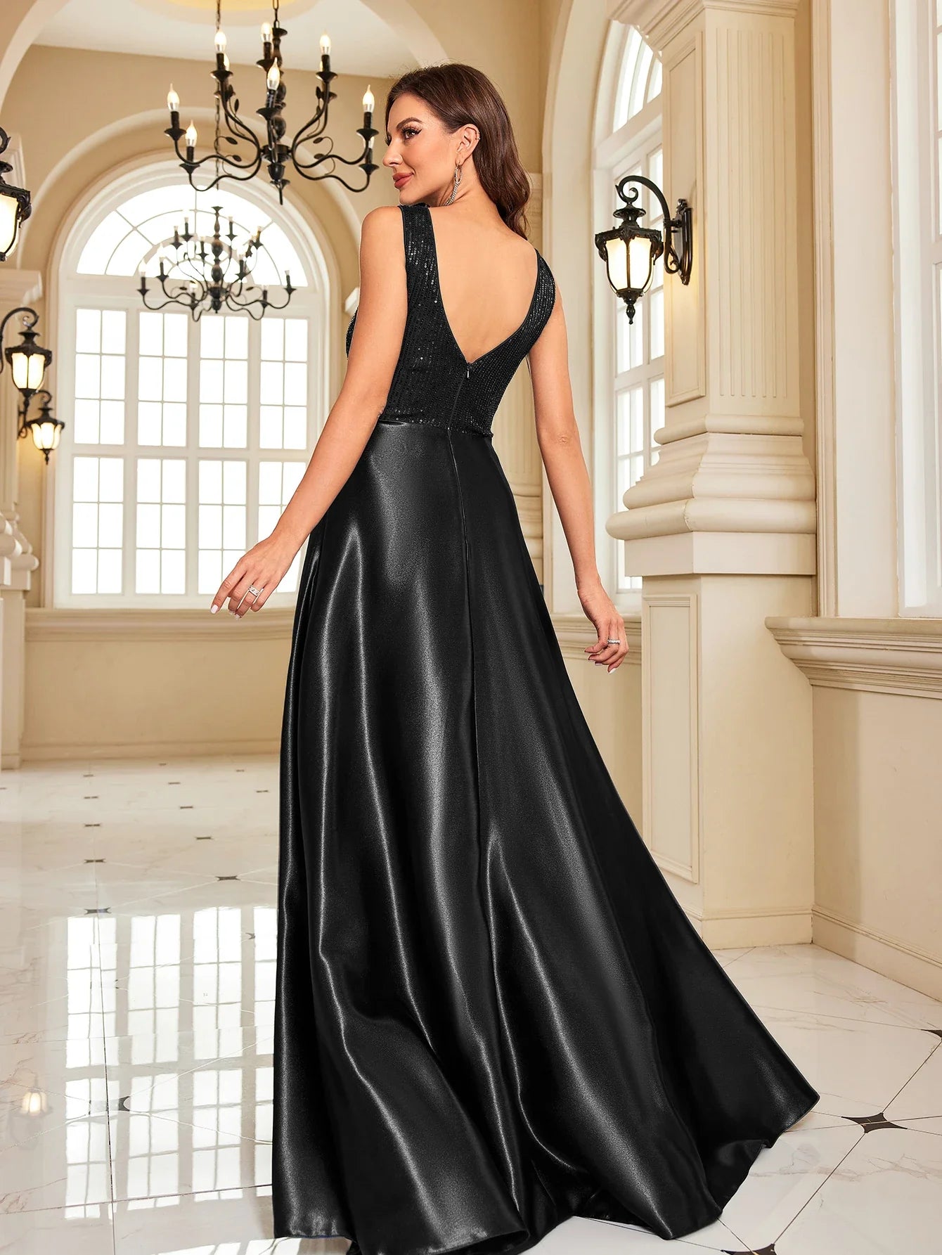 Elegant Sequins Evening Dress For Women 2024 Deep V-neck Satin Prom Party Green Dress Floor Length Blue Formal Gowns