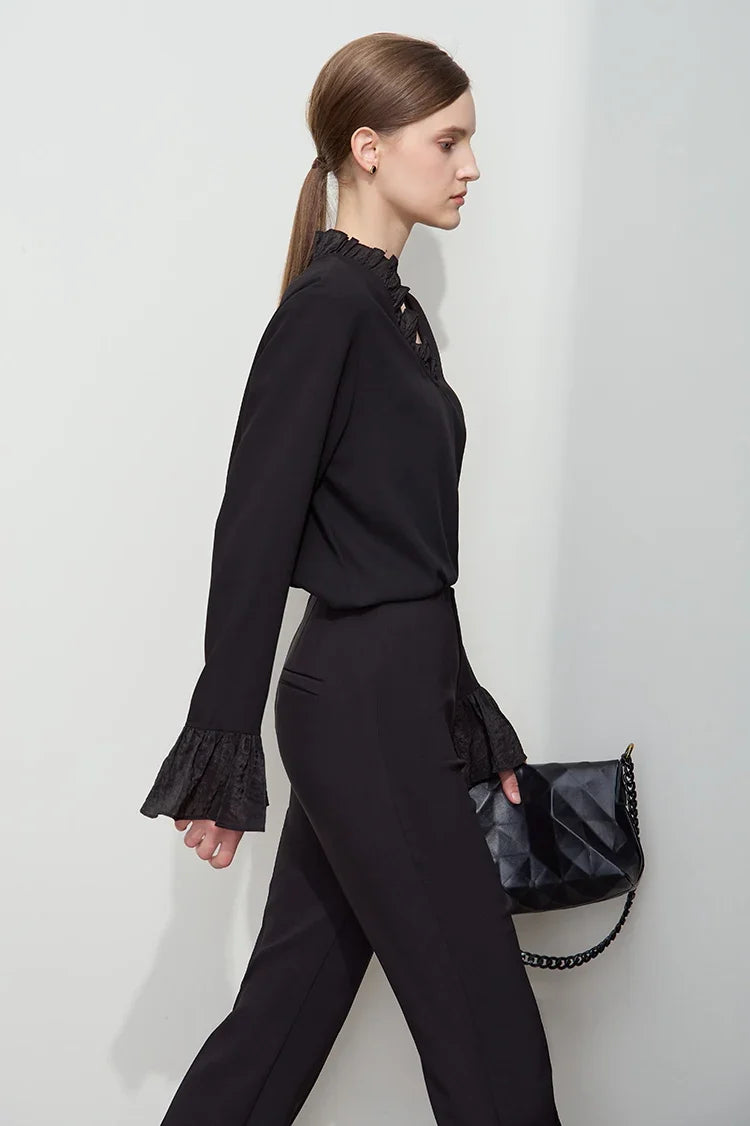 Minimalist Chiffon Shirt For Women 2025 Autumn New Office Lady V-neck Ruffle Splicing Loose Long Sleeved Blouse 12511078