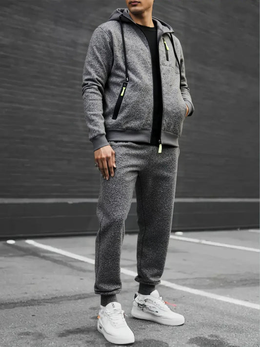 New Men's Casual Sportswear Autumn Solid Color Daily Sweatshirts Sweatpants Jogging Tracksuit Zipper Hooded Jacket and Pants Set