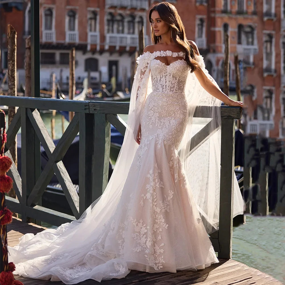 Luxury Mermaid Wedding Dress with Cape Customized Sweetheart Sleeveless See Through Applique Sweep Train Corset Bridal Gown