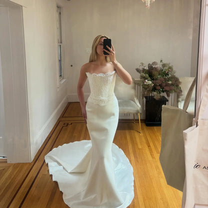Minimalist Satin Mermaid Wedding Dresses Strapless Lace Sleeveless Vestidos Novia Applique Bride Gowns For Women Customized