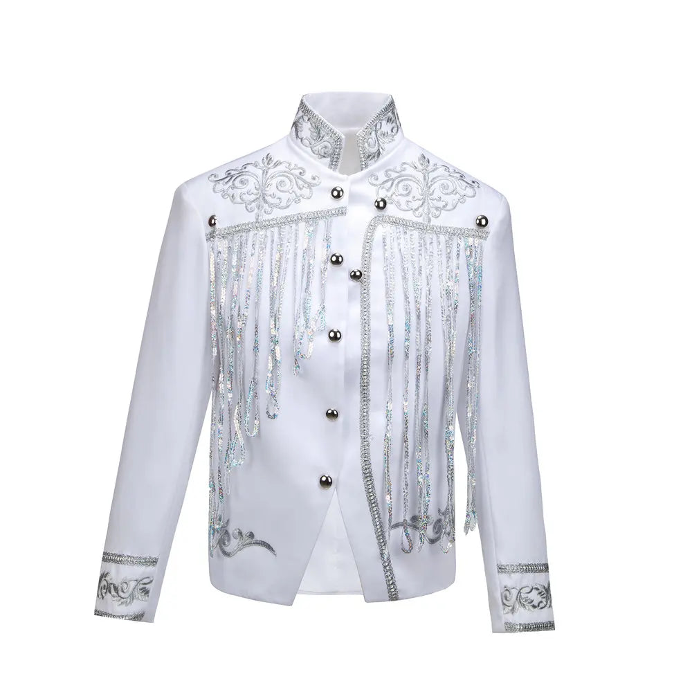 Steampunk Men's Jacket DJ Dancer Ternos White Men Costumes Clothing Black and Gold Blazer with Sequin Tassels for Performer