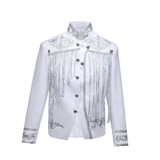 Steampunk Men's Jacket DJ Dancer Ternos White Men Costumes Clothing Black and Gold Blazer with Sequin Tassels for Performer