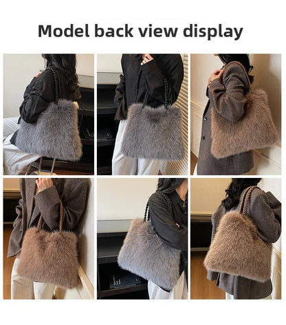 Fashion Women Furry Shoulder Bag Large Capacity Tote Handle Bag for Autumn Winter Outing Commuter Texture Versatile Storage Bags
