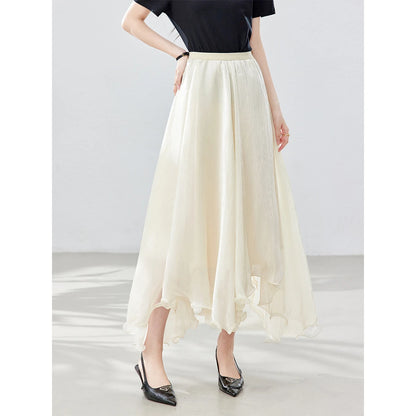 French A-line Shimmer Skirt for Women 2026 Summer New Fashion Irregular Ruffle Hem Elegant Office Maxi Skirt Bottoms 30813