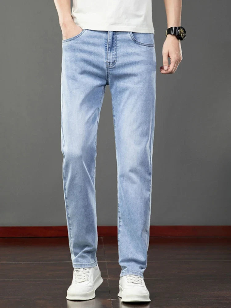 Spring Summer Thin Men's Jeans Fashion Korean Elastic Slim Straight Business Casual Denim Pants Classic Washed Male Trousers