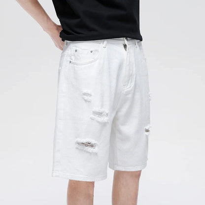 Summer New White Casual Men's Denim Shorts Ripped Fashion Loose Straight Street Bermuda Jeans Male Hole Short Pants