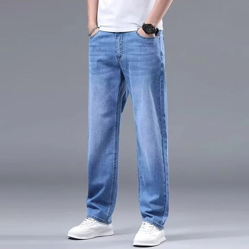 Men New Fleece Lined Thickened Jeans Male Winter Loose Straight Slim Fit Denim Pants High End Casual Elasticity Trousers