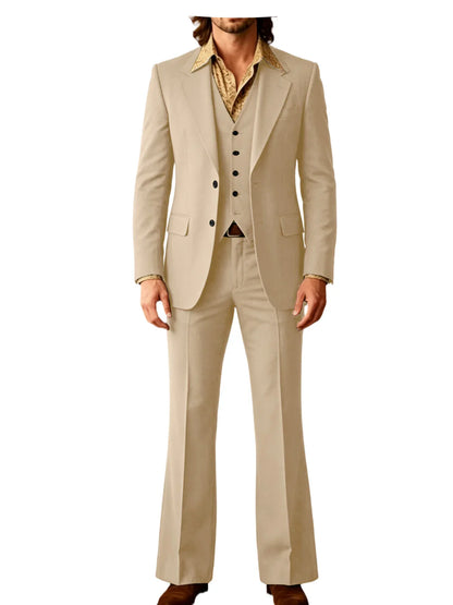 Retro Men's Linen 3 Piece Notch Lapel 2 buttons Jacket Flared Trouser Breathable Elastic for Casual Beach Wedding Groom Tuxedo