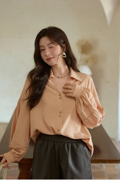 Women's Shirt Lantern Sleeve Hollow Out Tops 2025 Autumn Single Breasted Solid Shirts Lapel Shirt Office Lady MXE41C2359