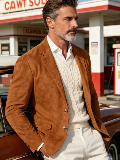 1970s Men's Suede Blazer Retro Slim Fit Two Buttons Multi Pocket High Quality Jacket Fashion Casual Sport Coat For Daily Wear