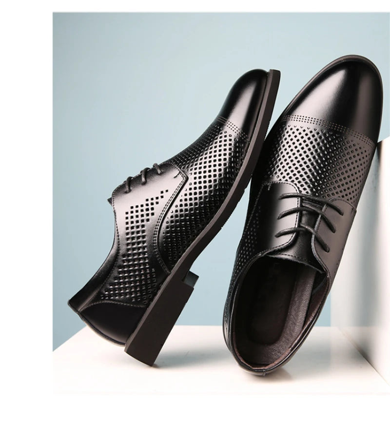 Mens Black Genuine Leather Perforated Cap Toe Lace Up Formal Business Oxford Shoes Breathable Summer Office Casual Dress Shoes